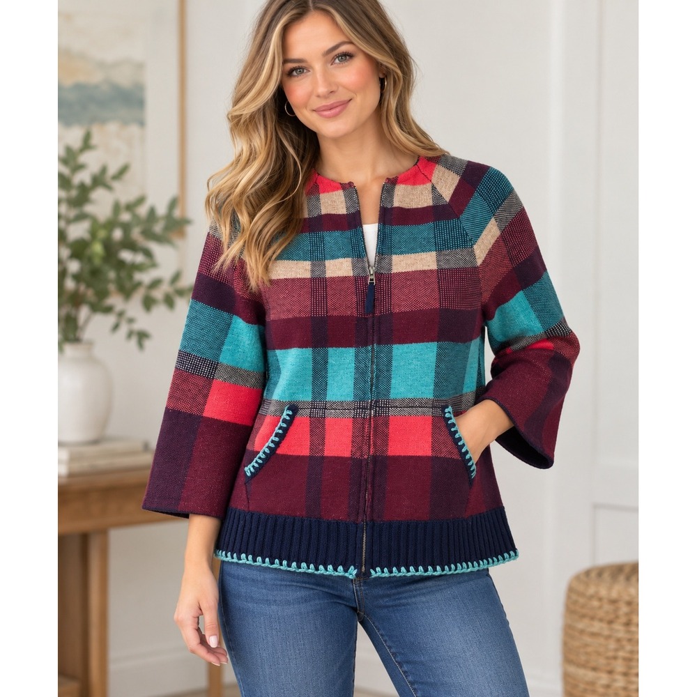 Anthropologie HWR Plaid Wool Blend Zip Swing Cardigan Sweater Multi Color Small